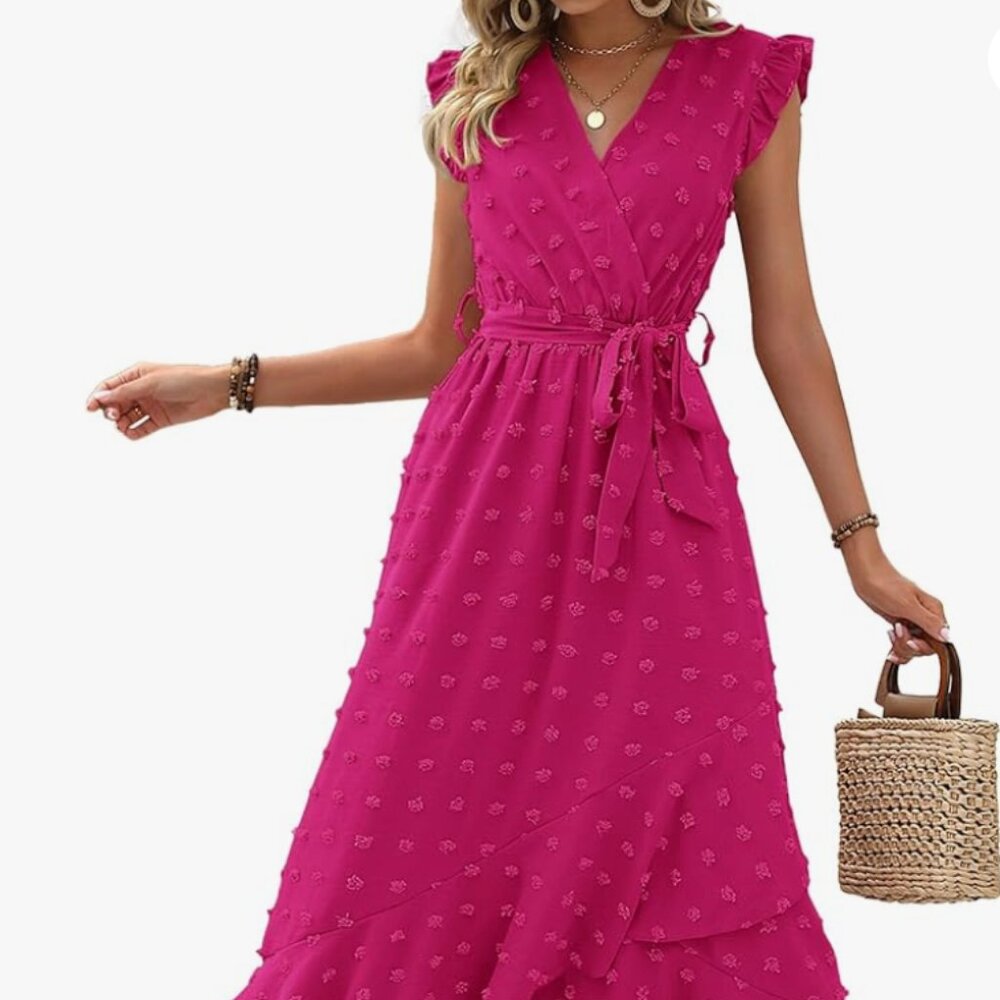 BTFBM Women V Neck Summer Dress 2025 Cap Sleeve Swiss Dot Boho Flowy Ruffle Slit